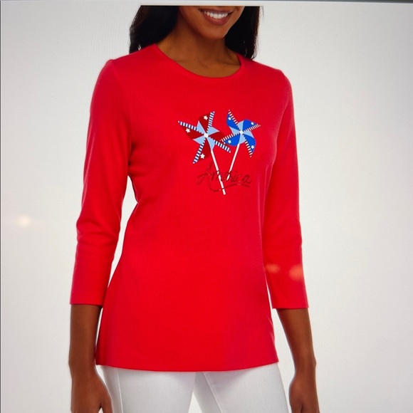 Kim Rogers Tops - Kim Rogers Red Long Sleeve Tee with Pinwheel Design
